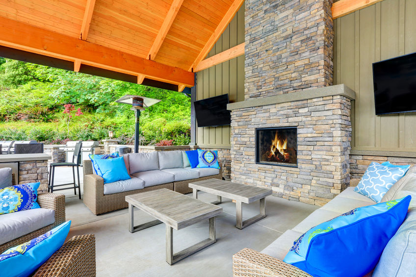 beautiful outdoor living space with fireplace